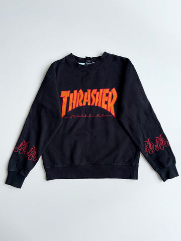 Thrasher Magazine Black Embroidered Logo Crewneck with Flame Sleeves(S)