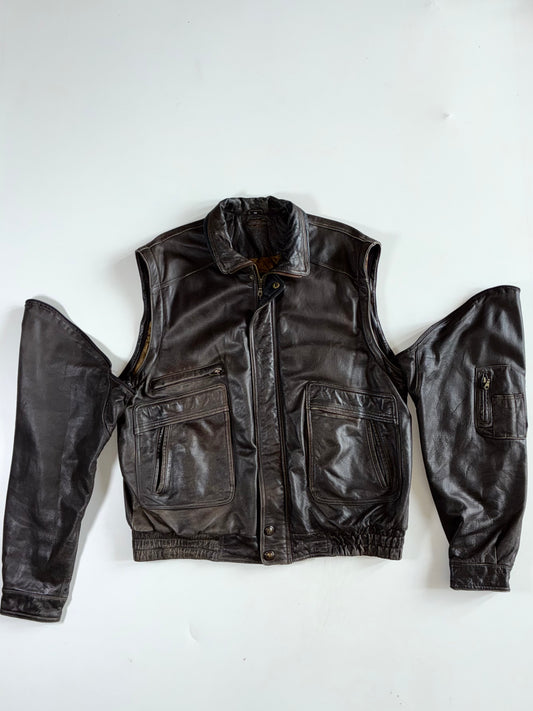 Vintage Marco Giordani Dark Brown Leather Bomber Jacket – Echt Leder Detechable Arms (2XL)