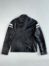 Yes Zee Urban Chic Black Leather Café Racer Jacket – White Racing Stripes, Distressed Finish (L)