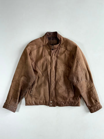 Torriani Distressed Brown Leather Bomber Jacket with Panel Stitching (L/XL)
