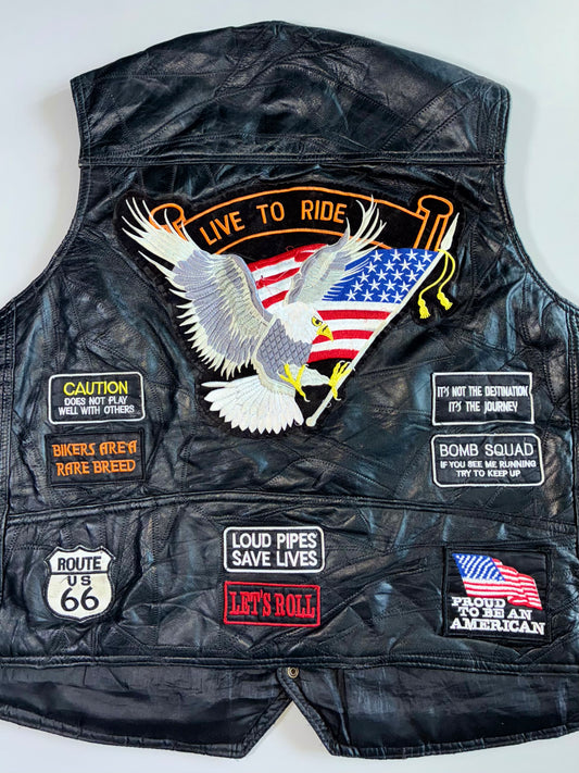 Vintage Genuine Leather Biker Vest with “Live To Ride” Eagle Patch & USA Moto Badges (XL)