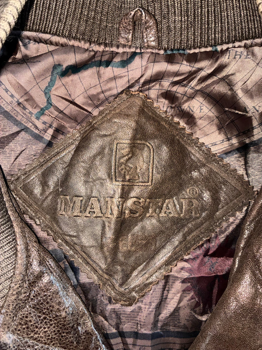 Manstar Vintage Real Leather Bomber Jacket (XL)
