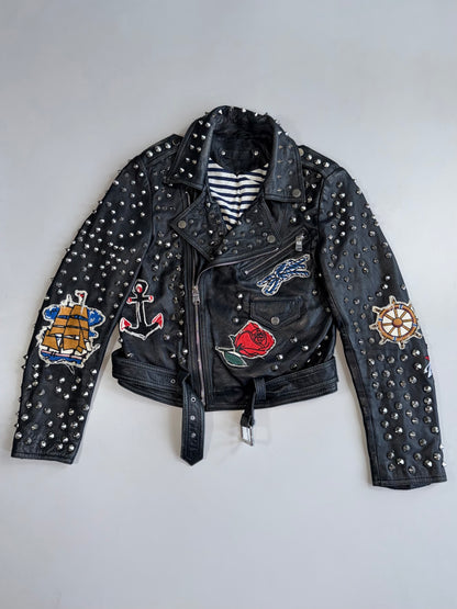 ZVintage Zara Studded Leather  Jacket Nautical Sailor Pin-Up Patches (XS)