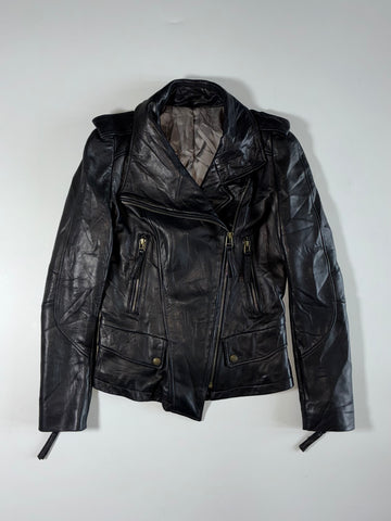 Asymmetric Zip Leather Biker Jacket – Black (Women's) (XS)
