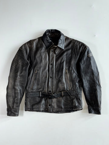 Vintage Hein Gericke Distressed Black Leather Belted Moto Jacket (M)