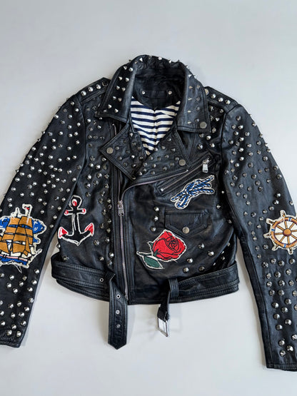 ZVintage Zara Studded Leather  Jacket Nautical Sailor Pin-Up Patches (XS)
