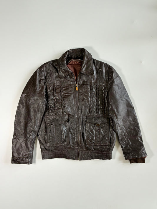 Vintage 70s Brown Braided Leather Bomber Jacket (M)