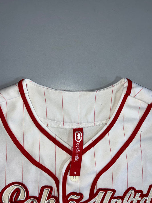 Ecko Unltd “All Crews Major” Pinstripe Baseball Jersey | Vintage Y2K Streetwear | White/Red (2XL)