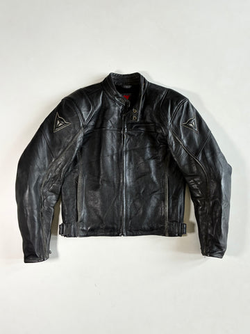 Dainese Black Leather Motorcycle Jacket – Shoulder Logo Racer, Mesh Lined Padded (S)