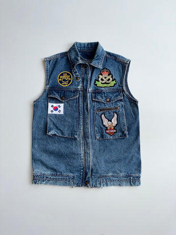 Bang Bang Vintage Denim Biker Vest – Embroidered Patches (Royal Navy, Border Patrol, Eagle) (S)