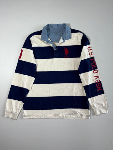 U.S. Polo Assn. Navy & Grey Rugby Stripe Shirt – Chambray Collar (L)