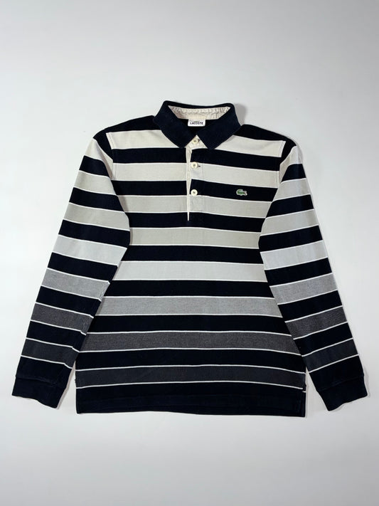 Lacoste Striped Long Sleeve Polo – Navy, Grey & Cream (M)