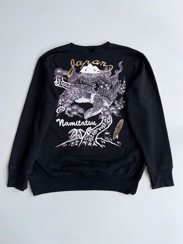 Japanese Dragon & Crane Graphic Black Crewneck Sweatshirt – (XL)