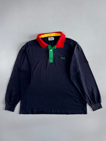 Vintage Fila Classic Colourblock Long Sleeve Polo – Navy/Red/Yellow/Green (L)