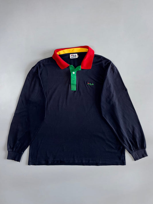 Vintage Fila Classic Colourblock Long Sleeve Polo – Navy/Red/Yellow/Green (L)