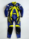 Vintage Swift Racing Two-Piece Leather Motorcycle Suit – Blue/Neon Yellow Knee Paded (M)  (W:35 | L:41)