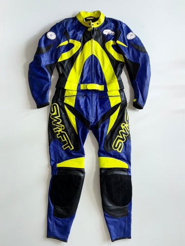 Vintage Swift Racing Two-Piece Leather Motorcycle Suit – Blue/Neon Yellow Knee Paded (M)  (W:35 | L:41)