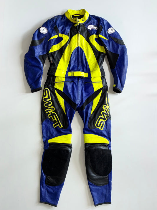 Vintage Swift Racing Two-Piece Leather Motorcycle Suit – Blue/Neon Yellow Knee Paded (M)  (W:35 | L:41)