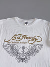 Ed Hardy by Christian Audigier White Tee  Gold Script Logo, Winged Skull Front & Crossed Pistols Roses Back Graphic (M)