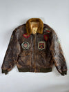 Vintage 90s Cotton Field Pure Leather A-2 Flight Bomber Jacket Military Patch Sherpa Collar, Distressed (XL)