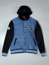 Superman Denim Varsity Hooded Jacket – Blue Denim/Black, Letterman “S” Patch (L)
