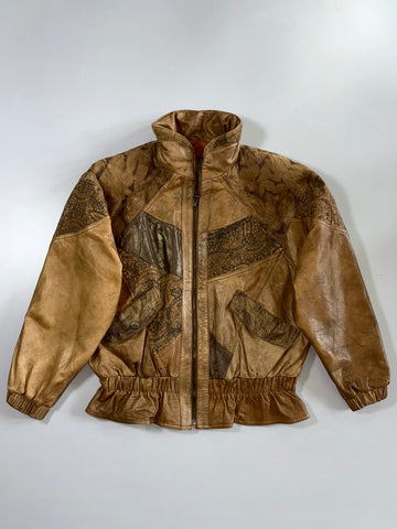 Winlit Paisley Patchwork Tan Leather Bomber Jacket (M/L)