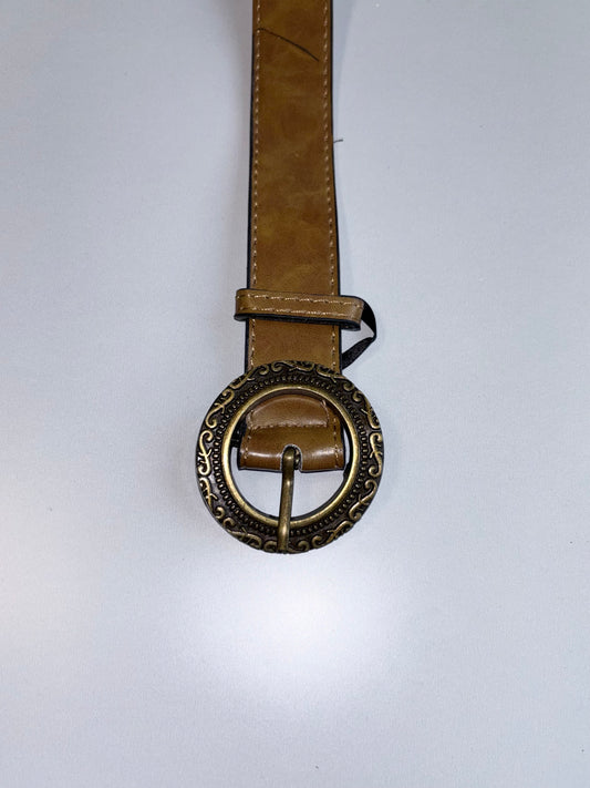 Vintage Tan Leather Belt | Ornate Brass Round Buckle | Unbranded (W:25 - W:33)