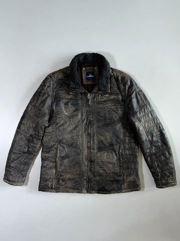 Engbers Distressed Brown Leather Jacket with Shearling Collar Jacket (L)