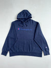 Champion Navy Script Logo Hoodie, Reverse Weave Style Fleece (XL)