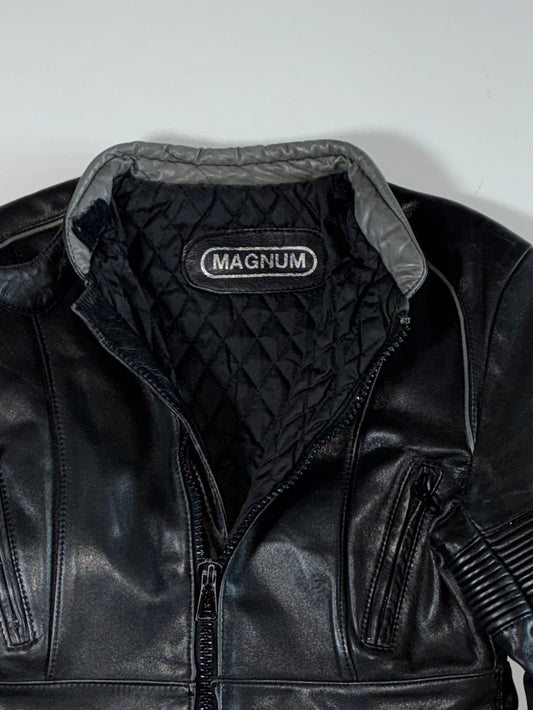Vintage Magnum Leather Motorcycle Jacket – Black/Grey (Women's) (S)