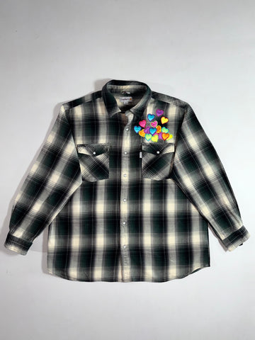 Carhartt Shadow Plaid Flannel Shirt – Green/Cream, Custom Heart Patches (2XL)