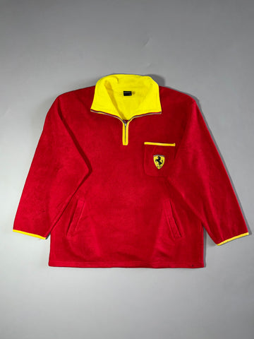Vintage Ferrari Red Fleece Pullover – Yellow Collar Quarter Zip with Prancing Horse Pocket (2XL)