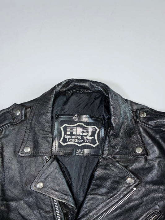 First Genuine Leather Classic Black Motorcycle Jacket (M)