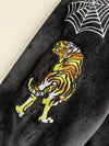 Black Velour Tiger & Spider Web Embroidered Hoodie(3Xl)