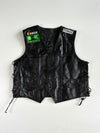 Vintage Black Leather Biker Vest – Kawasaki Patch, Side Lace-Up (L)