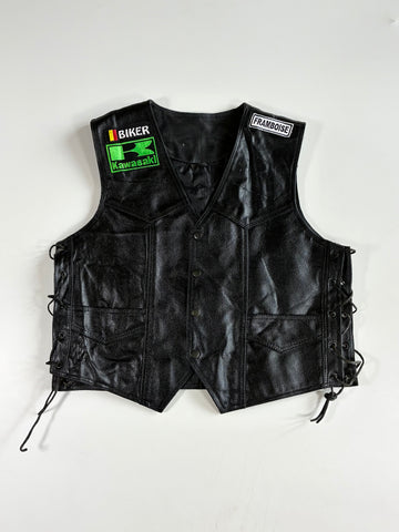 Vintage Black Leather Biker Vest – Kawasaki Patch, Side Lace-Up (L)