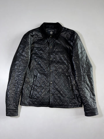 Multiplex Black Pure Leather Jacket Contrast-Stitch Collared Jacket (L)