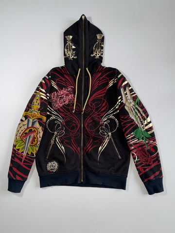 Christian Audigier Y2K Rhinestone Sugar Skull Tattoo Full-Zip Hoodie (M/L)