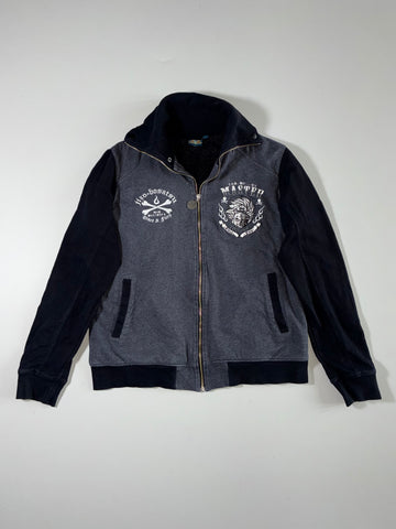 Jizo-Bosatsu Japanese Embroidered Sherpa-Lined Zip Jacket "Grace & Fury" – Charcoal/Black (M)