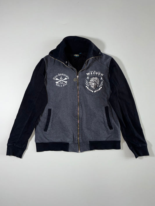 Jizo-Bosatsu Japanese Embroidered Sherpa-Lined Zip Jacket "Grace & Fury" – Charcoal/Black (M)