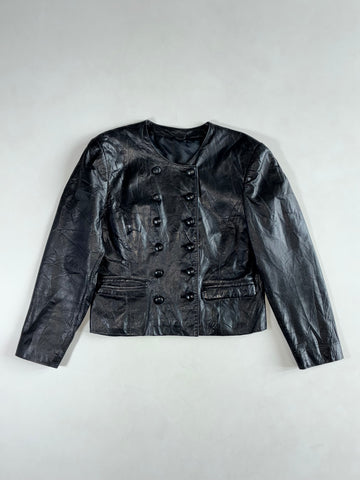 Vintage Black Crinkle Leather Collarless Double-Breasted Cropped Jacket Women’s (S)