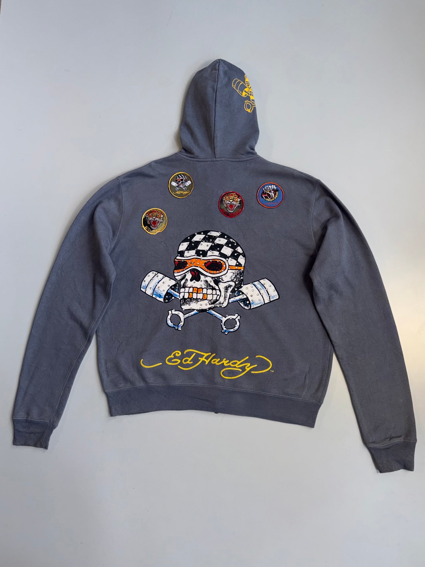 !      Ed Hardy 'Skull & Pistons' Rhinestone Zip-Up Jacket - Slate Grey (U.RARE) (M/L)