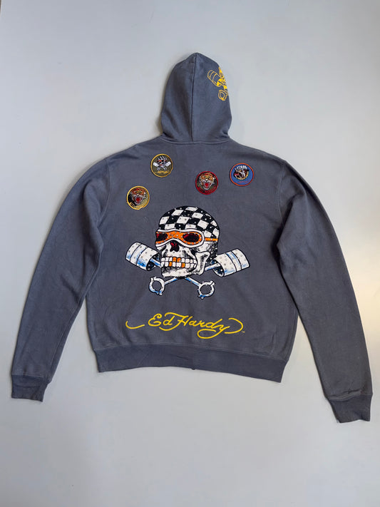 !      Ed Hardy 'Skull & Pistons' Rhinestone Zip-Up Jacket - Slate Grey (U.RARE) (M/L)
