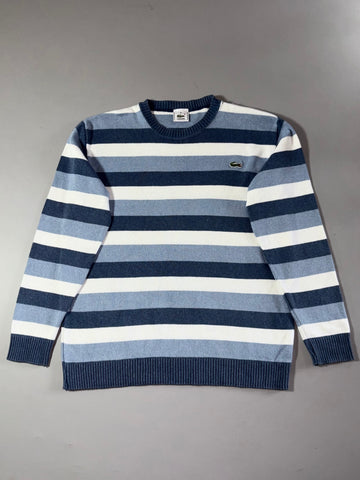 Vintage Lacoste Striped Knit Sweater – Blue & White Rugby Stripe (L)