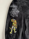Black Velour Tiger & Spider Web Embroidered Hoodie(3Xl)