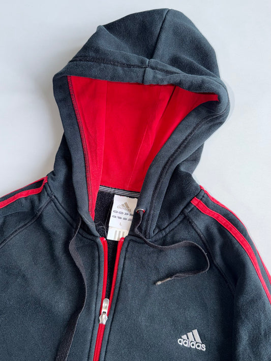 Adidas 3-Stripe Zip Hoodie | Black Red (L)