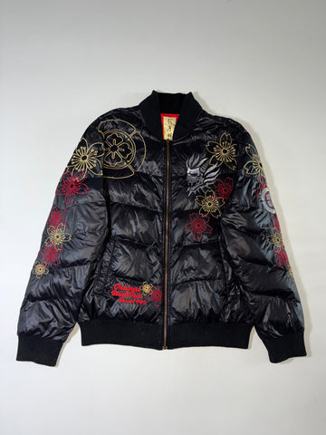 Japanese Sukajan Dragon & Sakura Embroidered Puffer Bomber Jacket (L/XL )