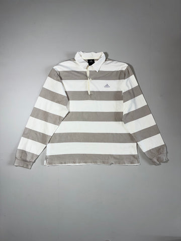 Adidas 2000s Wide Stripe Long Sleeve Rugby Polo, Beige/White (L)