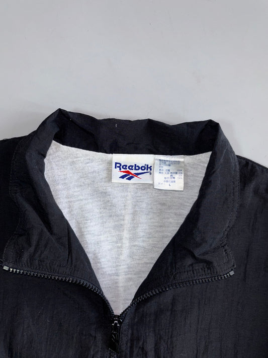 Vintage 90s Reebok Windbreaker Jacket Black Burgundy Colorblock Logo Oversized (M/L)