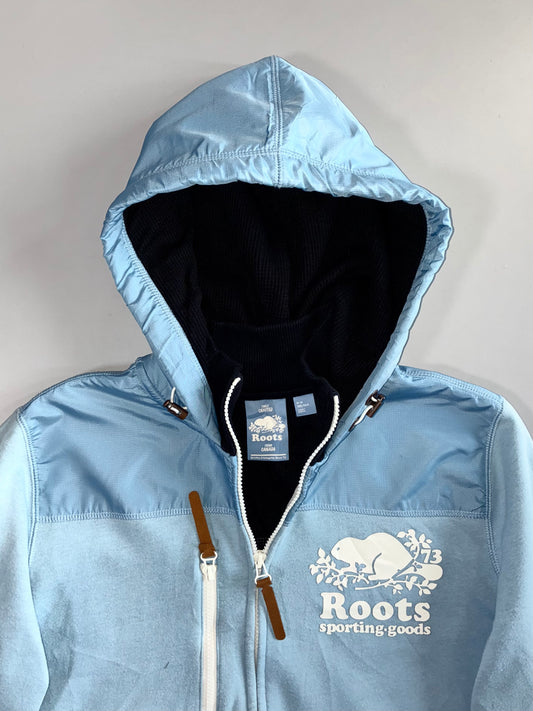 Roots Canada “Keep On Keepin’ On” Baby Blue Hybrid Shell-Hood Zip Hoodie (M)